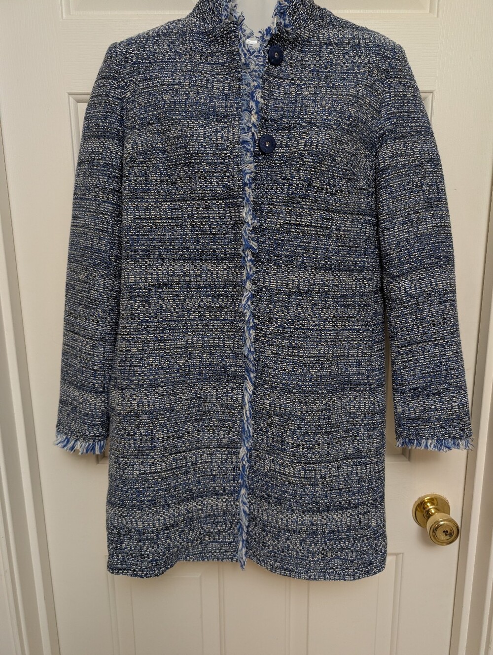 J. McLaughlin Blue Tweed Walden Long Blazer Jacket Sz XS EUC